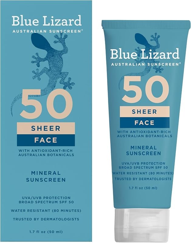 Blue Lizard Sheer Face Mineral SPF 50 Sunscreen Lotion, 100% Mineral Formula, Blue Light Protection, Lightweight, Rubs