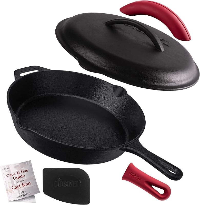 Cuisinel Cast Iron Skillet with Lid - 12"-inch Pre-Seasoned Covered Frying Pan Set + Silicone Handle & Lid Holders +
