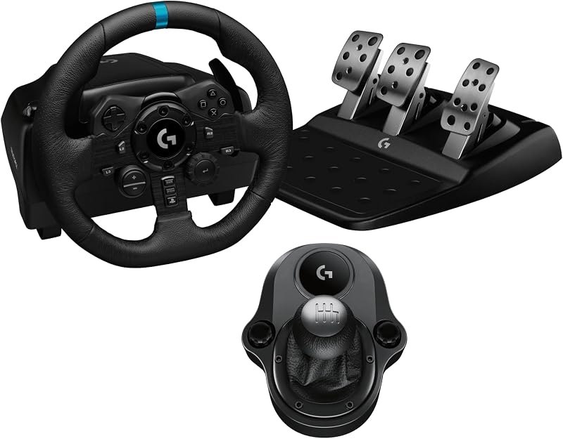 Logitech G923 Racing Wheel and Pedals, TRUEFORCE Force Feedback + Logitech G Driving Force Shifter - Real Leather, For