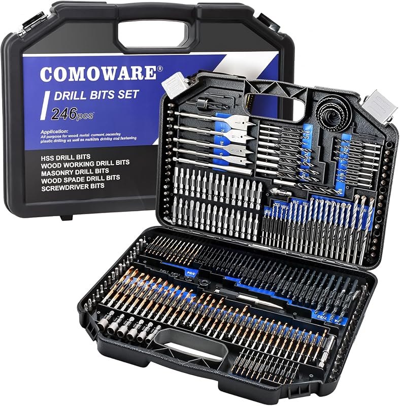 COMOWARE Drill Bit Set, 246 Pcs for Cordless Drill, Drill Driver Bit Set for Wood, Metal, Masonry, Cement and