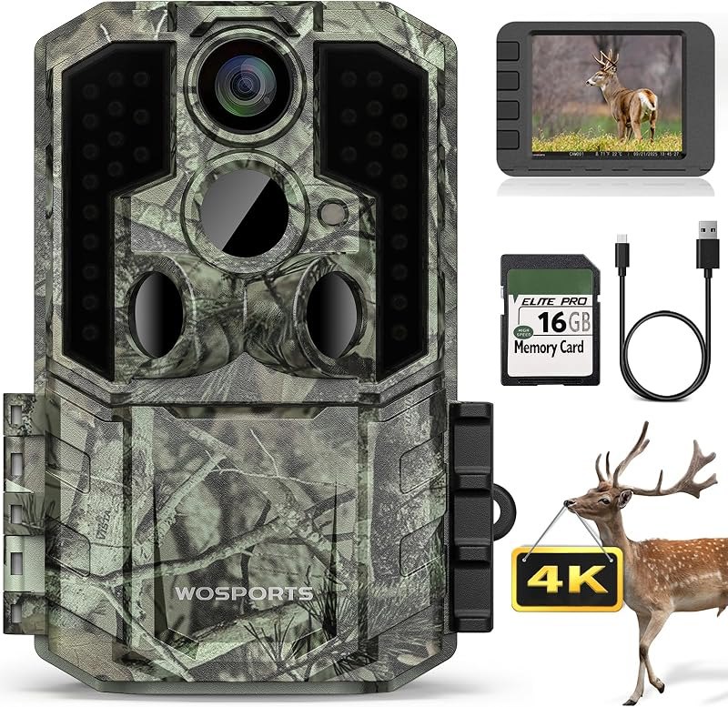 WOSPORTS Trail Camera(Non-Cellular Non-WiFi) 56MP 4K 0.2S Trigger Motion Activated,Game Camera with No-Glow Night