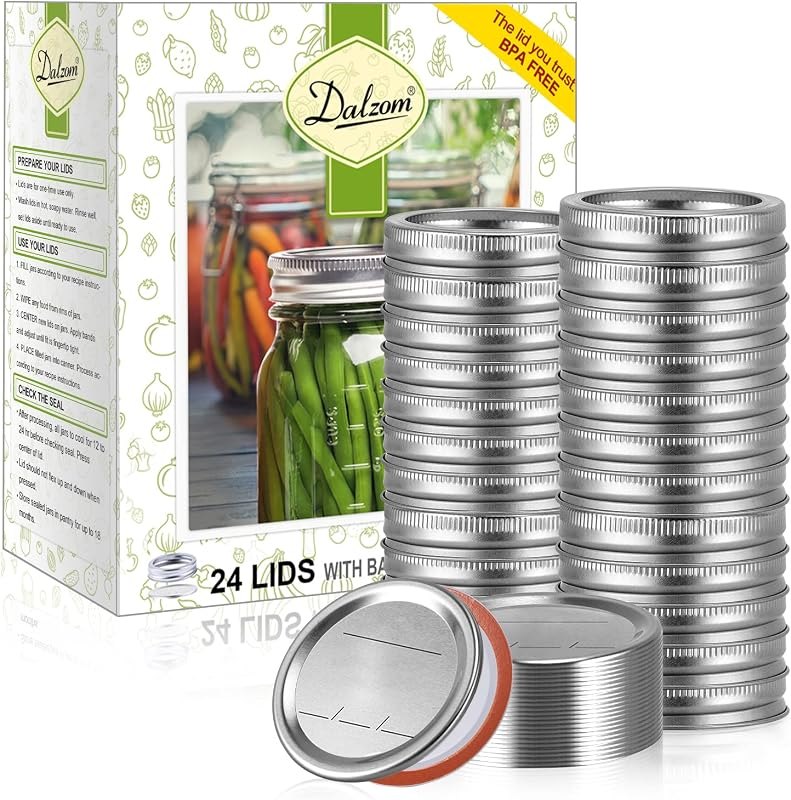 Dalzom® 24Pcs Canning Lids with 24Pcs Rings Regular Mouth, Premium Mason Jar Lids with Bands/Rings for Ball, Kerr Jars