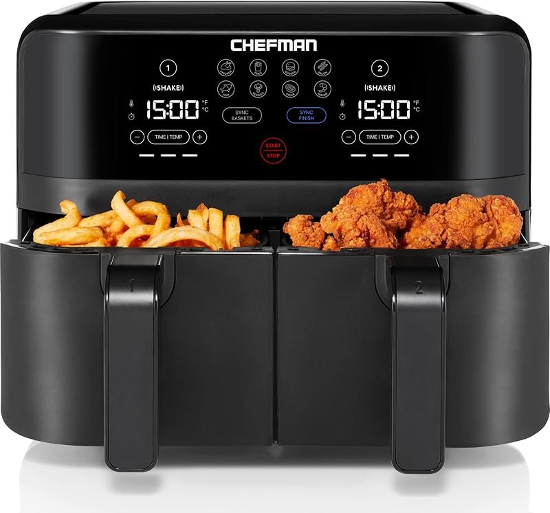 Chefman TurboFry Touch Dual Air Fryer, Maximize The Healthiest Meals With Double Basket Capacity, One-Touch Digital