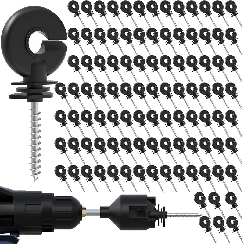 NQN 100 Pcs Black Electric Fence Insulator Screw-in Insulator Fence Ring Post Wood Post Insulator and 1 Pc Free