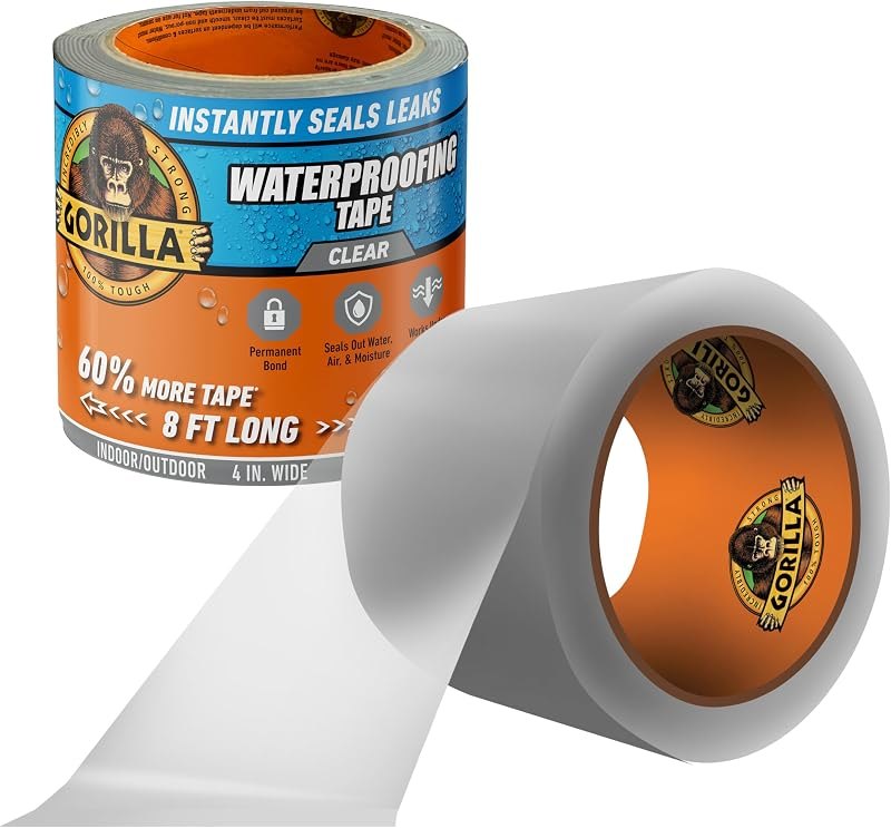 GORILLA Waterproofing Tape, Permanent, Clear, 4" x 8', 1-Pack — roof leak tape pack for roof leak tape under 30 budget