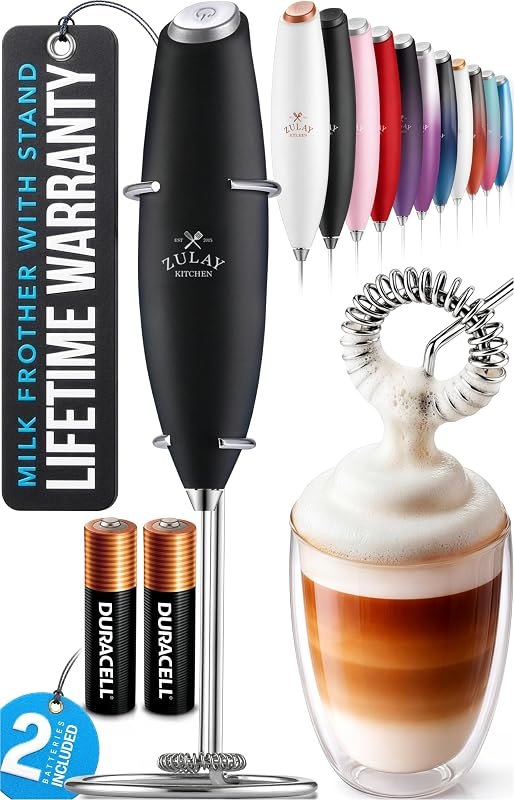 Zulay Kitchen Powerful Milk Frother Wand With Duracell Batteries - Ultra Fast Handheld Drink Mixer - Electric Whisk