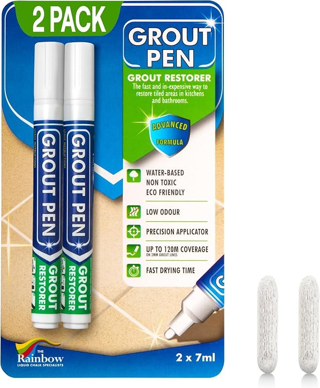 Grout Pen White Tile Grout Paint Marker - 2 Pack w/Extra Tips (7mL) — grout pen for grout cleaner