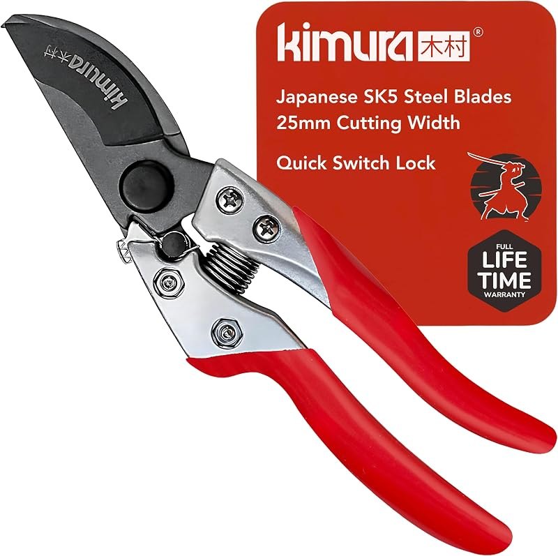 Kimura® 8" Pro Bypass Pruning Shears, Heavy Duty Japanese SK5 Steel Blades, 1 inch Cut Capacity, Non-Slip PVC Coated