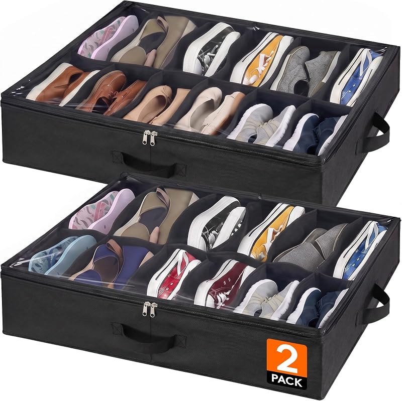 Lifewit Under Bed Shoe Storage Organizer 2 Pack(12 Shoes Cells), 4.3 Inches Profile Fabric Shoes Container Box with