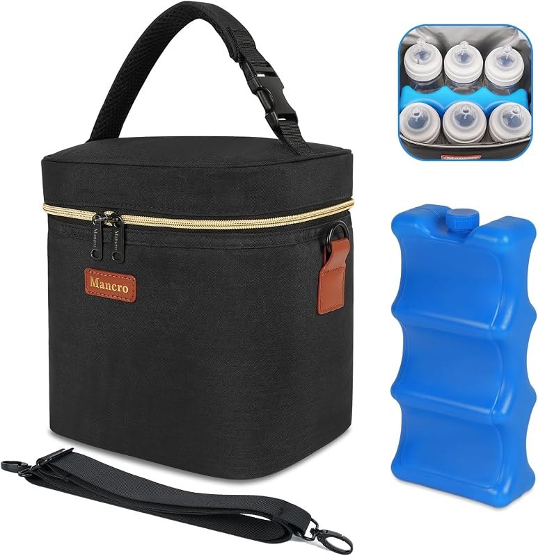 Mancro Breastmilk Cooler Bag with Ice Pack Fits 6 Baby Bottle Up to 9 Ounce — Monitors, bottles, and kid gear with for