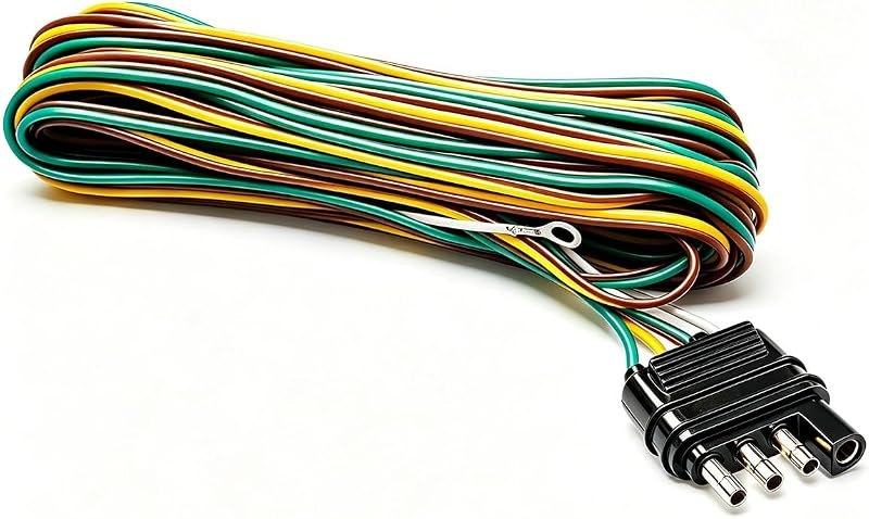 25ft 4 Wire 4-Flat Trailer Light Wiring Harness Extension Kit, Trailer Wiring Harness with 18 Gauge White Ground Wire