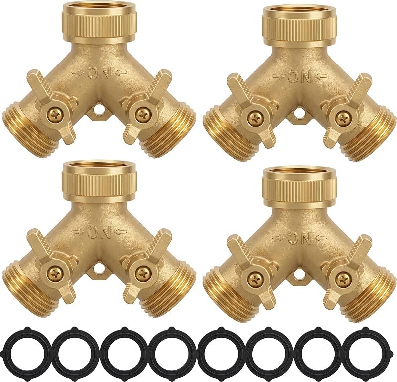 Hourleey Brass Garden Hose Splitter (2 Way), Solid Brass Hose Y Splitter 2 Valves with 2 Extra Rubber Washers (4 Pack)