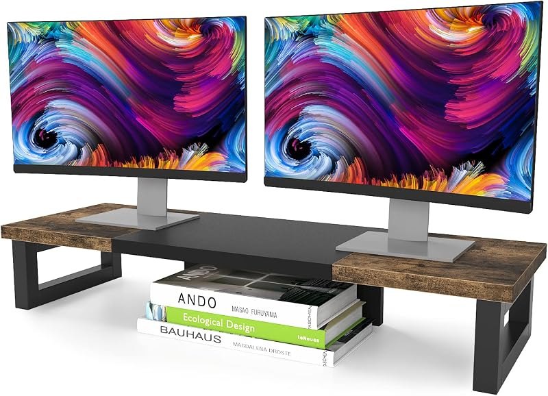 WESTREE Dual Monitor Stand Riser, Wood and Steel Multi-Purpose Desktop Storage Stand for 2 Monitors for Computer