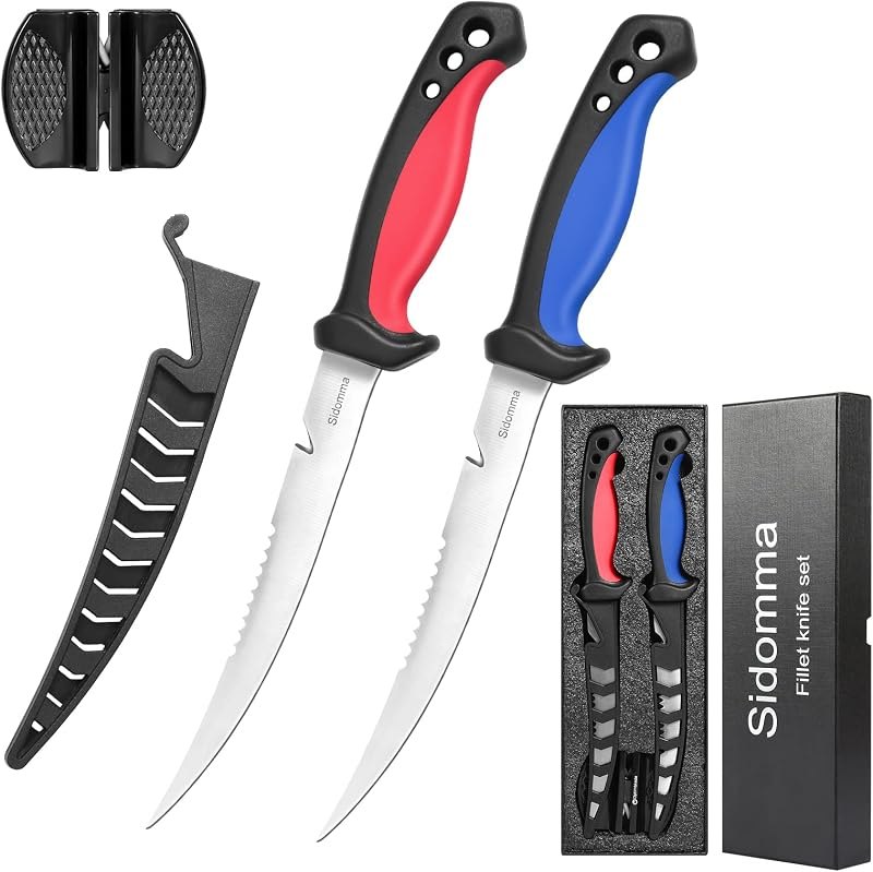 Sidomma 2 pcs Fishing Fillet Knife Set Stainless Steel 6.5 Inch Pro Fish Knife for Filleting, Fishing Gear, Fishing
