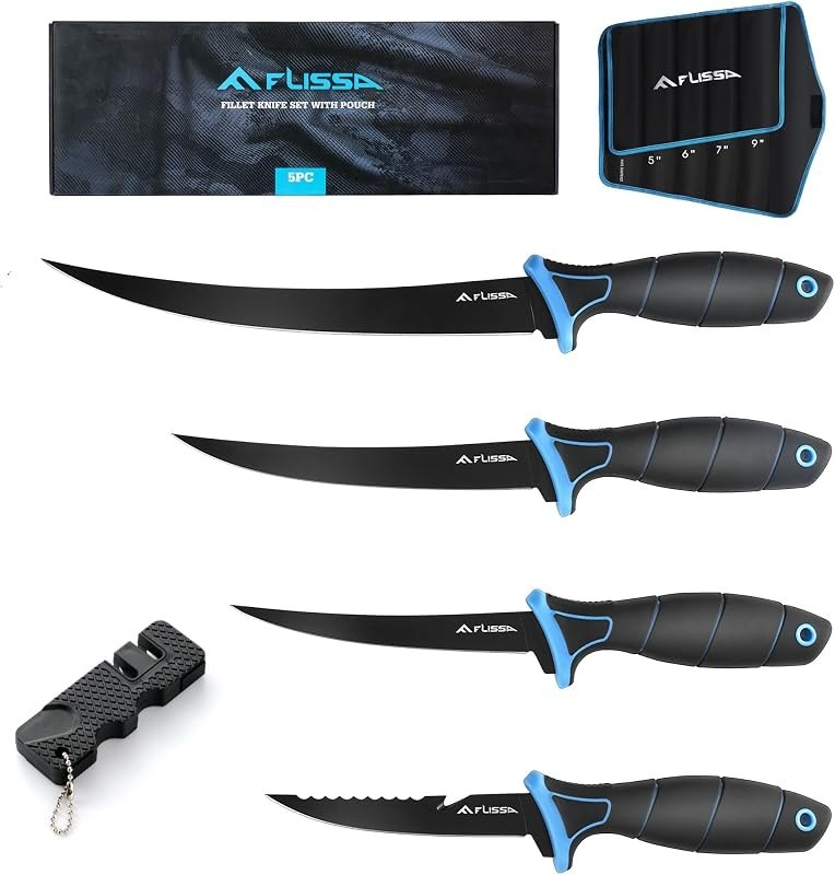 FLISSA 4-Piece Fillet Knife Set with Sharpener Protective Sheath, Belt Clip — filet knife pack for filet knife durable