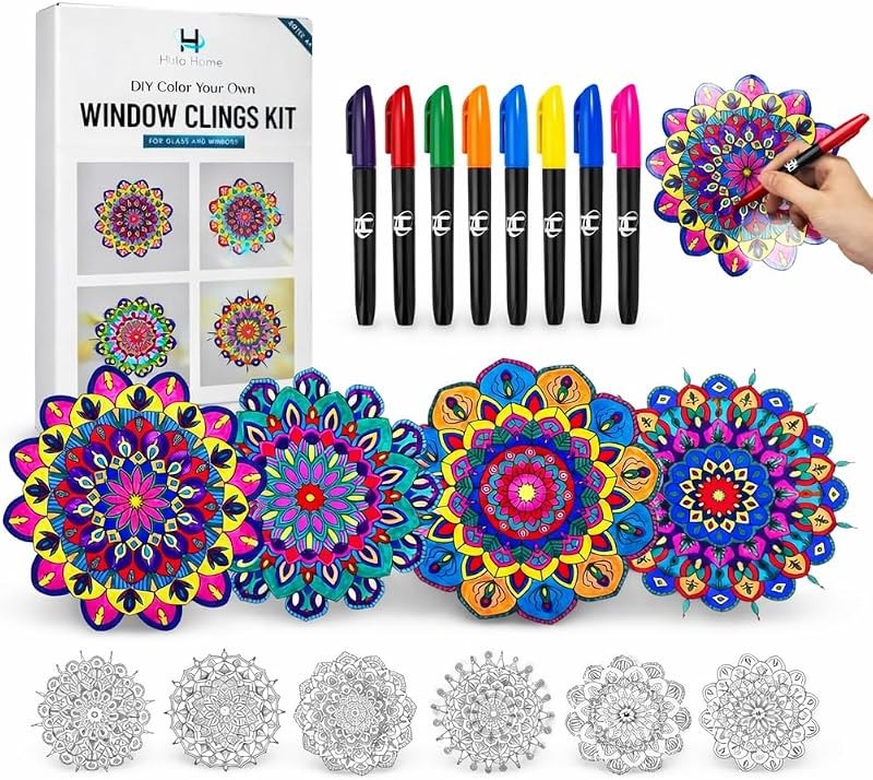 Hula Home Stained Glass Mandala Art Kit - DIY Window Clings with Markers, 10 Suncatchers - Perfect Hobby for Adults