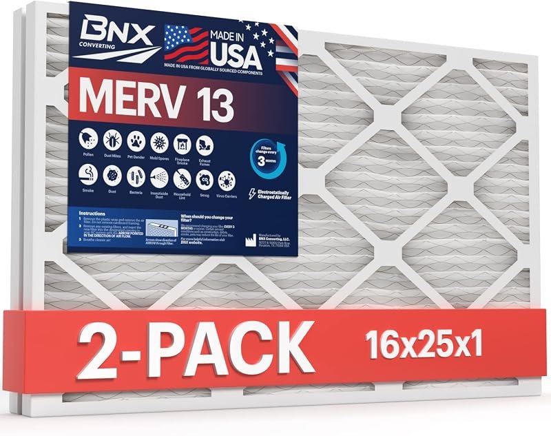 BNX TruFilter 16x25x1 Air Filter MERV 13 AC Filter, HVAC Furnace Filter, 2 Pack (ACTUAL SIZE 15.69"x24.69"x0.75")