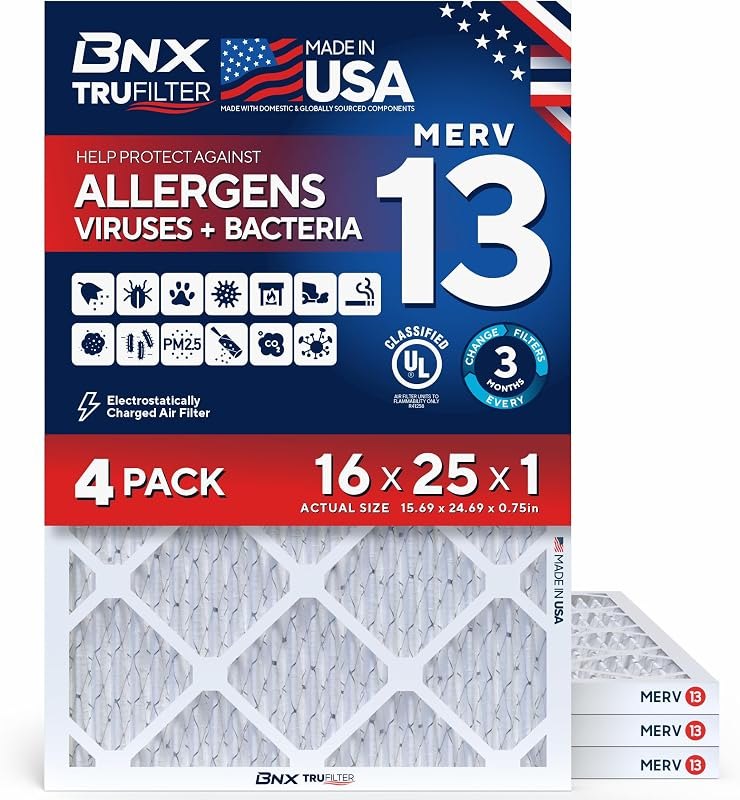BNX TruFilter 16x25x1 Air Filter MERV 13 AC Filter, HVAC Furnace Filter, 4 Pack (ACTUAL SIZE 15.69"x24.69"x0.75")