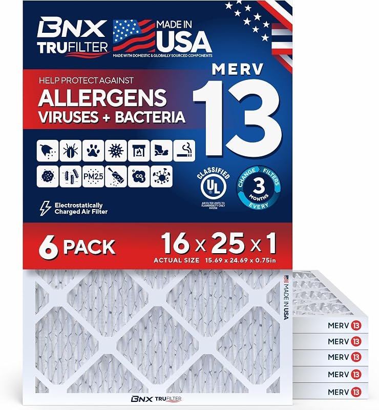 BNX TruFilter 16x25x1 Air Filter MERV 13 AC Filter, HVAC Furnace Filter, 6 Pack (ACTUAL SIZE 15.69"x24.69"x0.75")