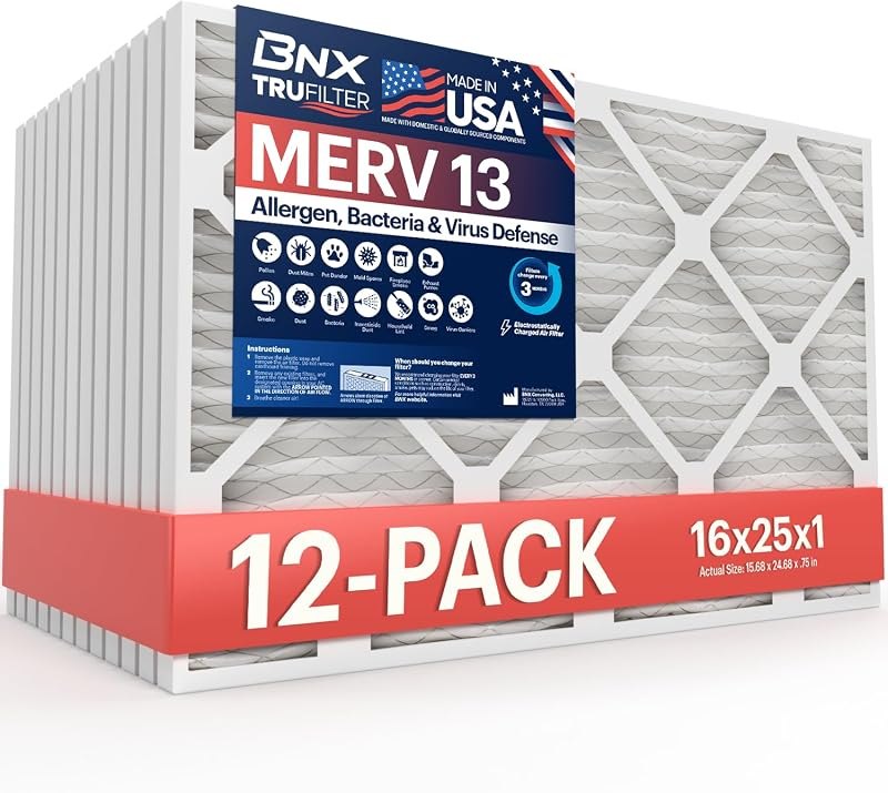 BNX TruFilter 16x25x1 Air Filter MERV 13 AC Filter, HVAC Furnace Filter, 12 Pack (ACTUAL SIZE 15.69"x24.69"x0.75")