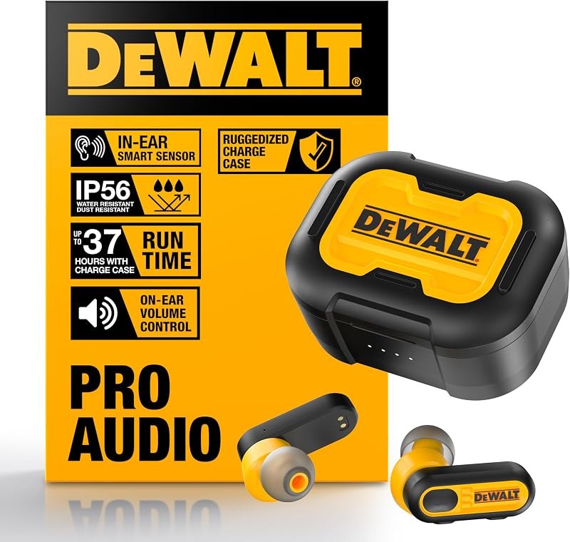 DEWALT Heavy Duty True Wireless Ear Buds, Bluetooth Headphones with Type C Charging Case Included, Over 37 Hours of