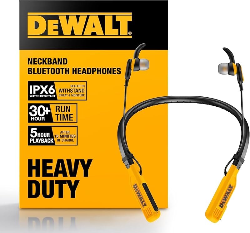 DEWALT Heavy Duty Bluetooth Neckband Headphones, Wireless Around The Neck Earbuds w/ 30H Runtime + Noise Isolation