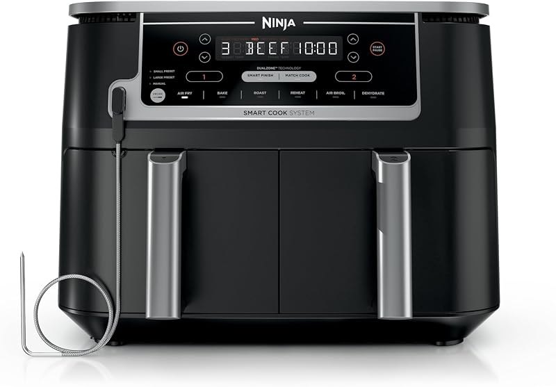 Ninja DZ550 Foodi 10 Quart 6-in-1 DualZone Smart XL Air Fryer with 2 Independent Baskets, Thermometer for Perfect