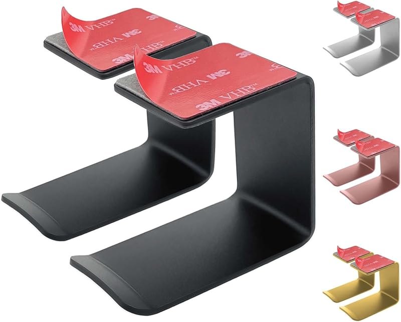 Aluminum Under-Desk Headphone Hanger with Strong Adhesive (2 Pack, Black) — hook for best standing desk accessories