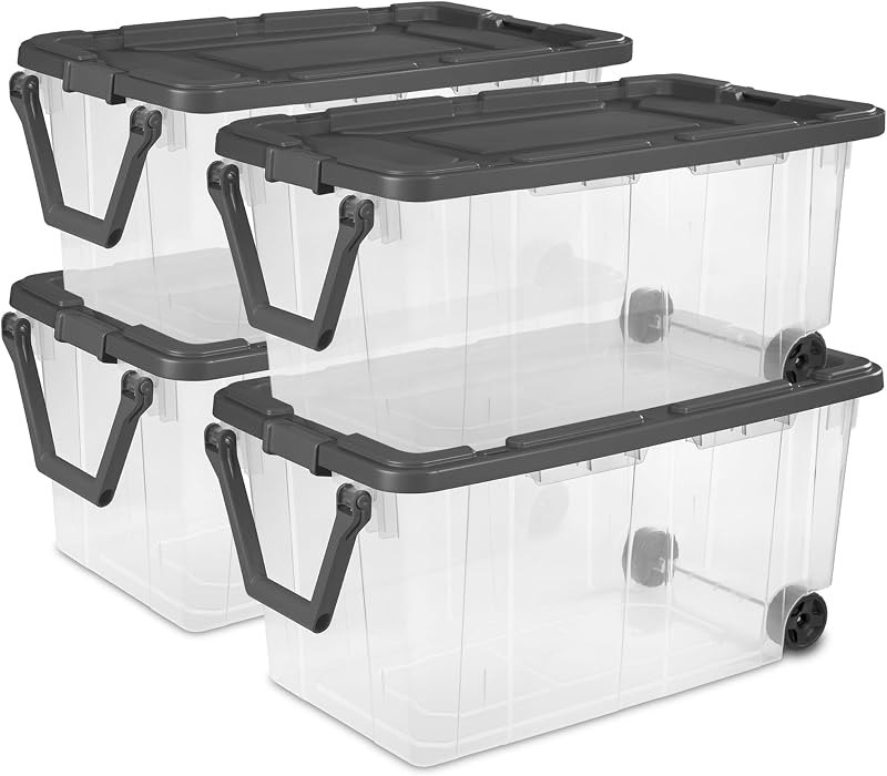 Sterilite Modular Stacker Box with Latching Lid, 160 Quart, 4-Pack — clear storage bins with lids kit for clear