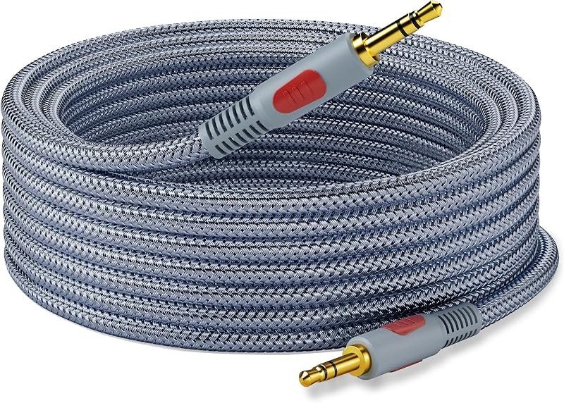 100 ft Aux Cord, Heavy Duty 3.5mm Male to Male Audio Cable, 24AWG Braided 1/8 TRS Stereo Wire Compatible with Sony