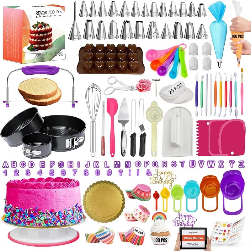 RFAQK 700 PCs Cake Decorating Kit with Baking Supplies Cake Decoration Set including Springform Pans, Cake Turntable