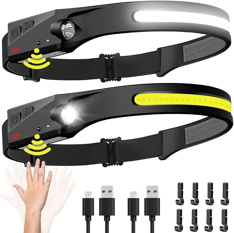 Headlamp Rechargeable 2PCS, 230° Wide Beam Head Lamp LED with Motion Sensor for Adults - Camping Accessories Gear
