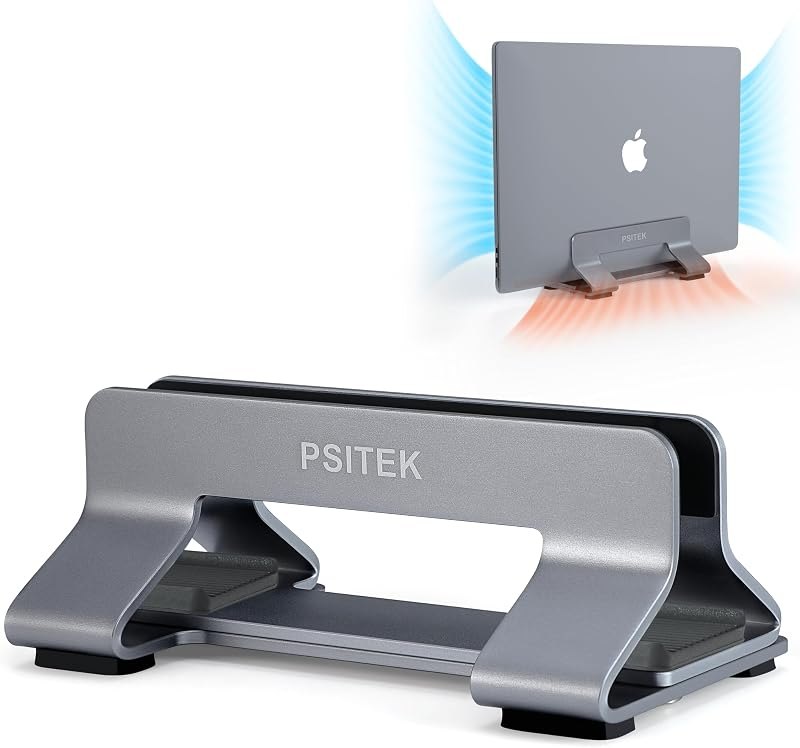 Aluminum Vertical Laptop Stand Dock Holder, Adjustable Slot Width 12-42mm, Space-Saving Upright Storage for MacBook
