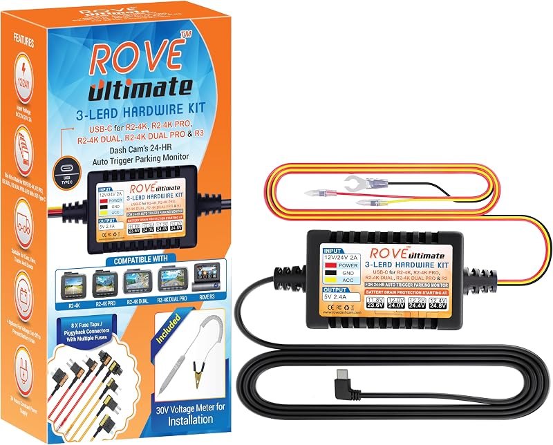 ROVE Ultimate Dash Cam Hardwire Kit, USB-C Port, 24Hr Parking Monitoring — hardwire for best dash cam under 40