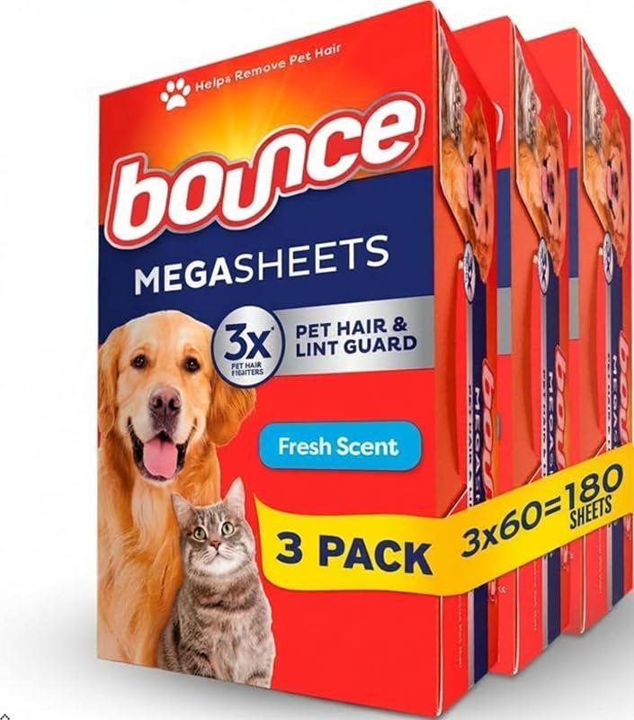 Bounce Pet Hair and Lint Guard Mega Dryer Sheets with 3X Pet Hair Fighters, Fresh Scent, 180 Count — dryer sheets