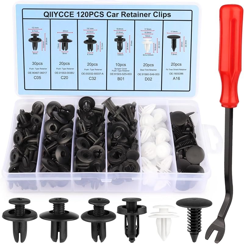 QIIYCCE 120PCS Car Clips & Plastic Rivets - 6 Popular Sizes, Fits Bumpers, Fenders & Most Car Models, Ideal for Body