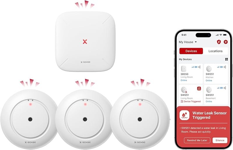 X-Sense Wi-Fi Water Leak Detector Kit, 120 dB, 3 Sensors + Base, SWS54 — wifi water sensor for water leak detector