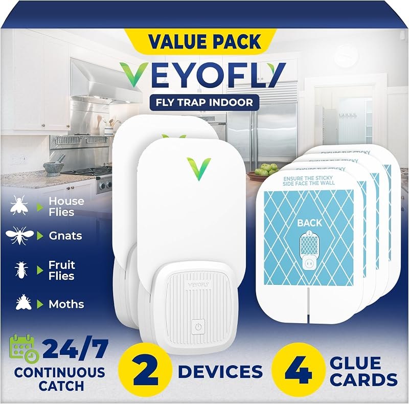 VEYOFLY Fruit Fly Traps Indoor Plug-in UV, Gnat Trap, 2 Device + 4 Refills