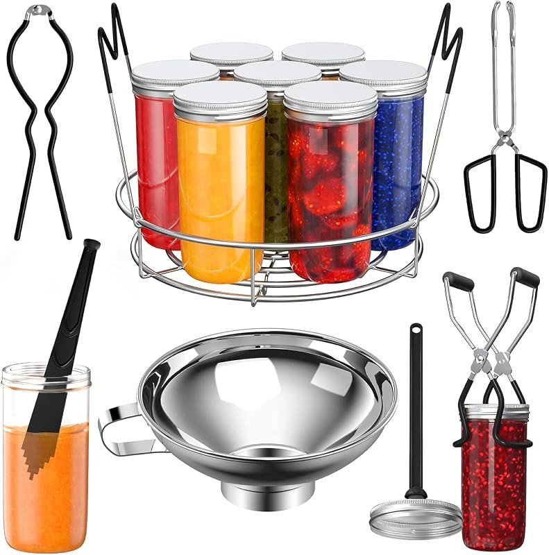 Pisol Canning Supplies Starter Kit, Tools Set with Stainless Steel Rack — Lids, funnels, and canner racks. ama for