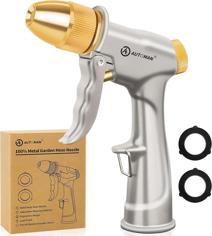 AUTOMAN Garden Hose Nozzle Sprayer - High Pressure 100% Metal Water Spray Nozzle With 4 Patterns - Heavy Duty for