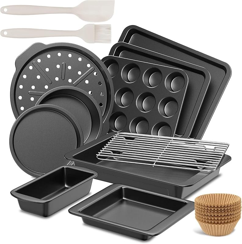 HONGBAKE Bakeware Sets, Baking Pans Set, 12 Pieces Nonstick Oven Pan with 120 Muffin Liners for Kitchen, Wider Grips