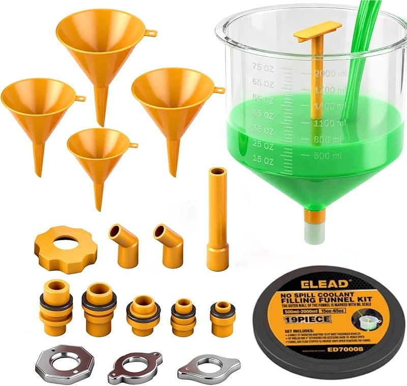 ELEAD No-Spill Coolant Funnel Kit - 19-Piece Radiator Funnel burping kit, coolant Bleeder kit, Extra Funnels and