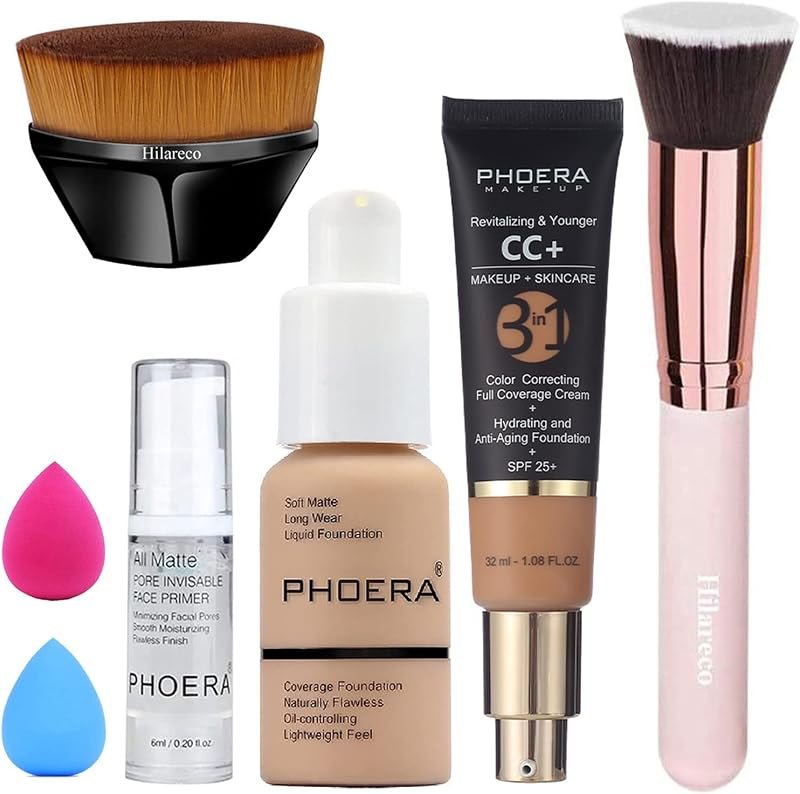 PHOERA Foundation & CC Cream, Anti Aging Hydrating Serum with SPF 25+, Primer, Makeup & Kabuki Brushes - Buff Beige —