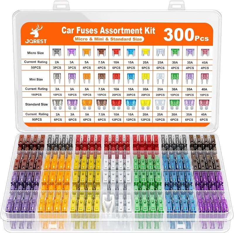 JOREST 300Pcs Car Fuse Assortment Kit, 160 Mini Blade Fuses Automotive + 90 Standard Auto Fuses + 50 Micro + Puller —
