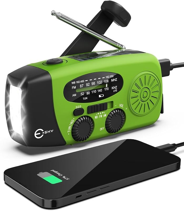 Esky Emergency Hand Crank Radio 7400mAh with 3 LED Flashlight, AM/FM/NOAA Portable Weather Radio with Built-in 2000mAh