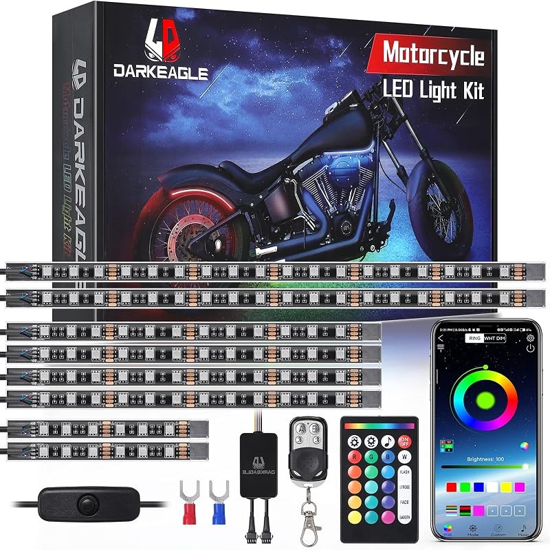 8PCS Motorcycle RGB LED Light Kits with APP/RF Remote, Multicolor Underglow Lights with Brake Turn Signal, 12V