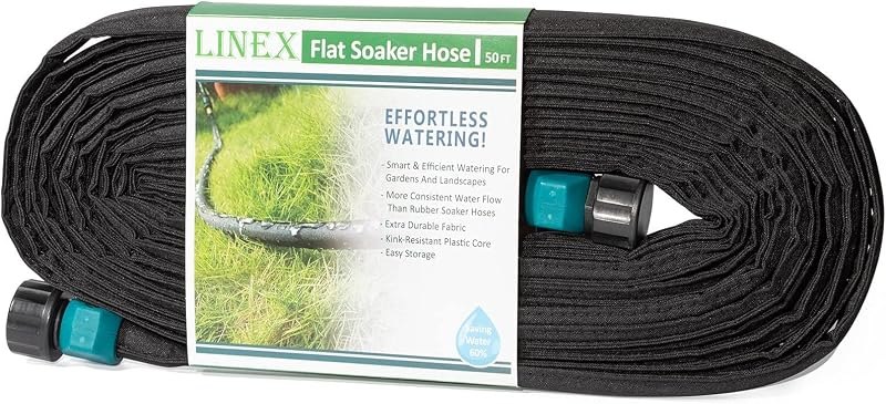 LINEX Flat Soaker Hose 100 ft for Garden Beds, 1/2'' x 50 ft 2 Pack Drip Irrigation Hoses Save Water 80% Heavy Duty