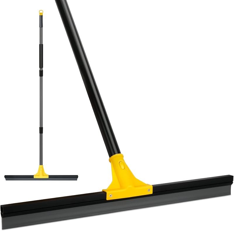 Floor Squeegee for Concrete and Tile Cleaning, 24'' Rubber Wiper Broom, Large Heavy Duty Water Scraper with 60'' Long