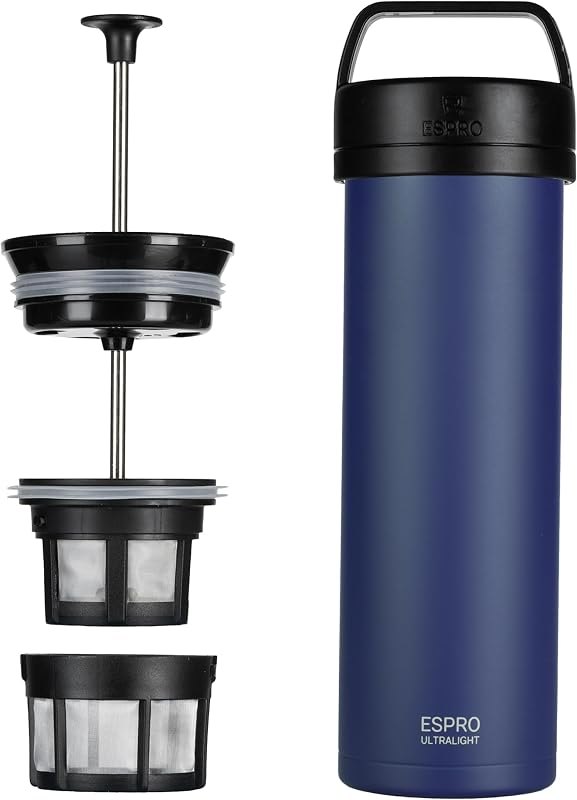 ESPRO Go P0 Ultralight French Press Coffee Maker for Travel, Vacuum Insulated Stainless Steel, 16 Ounces, Aegean Blue