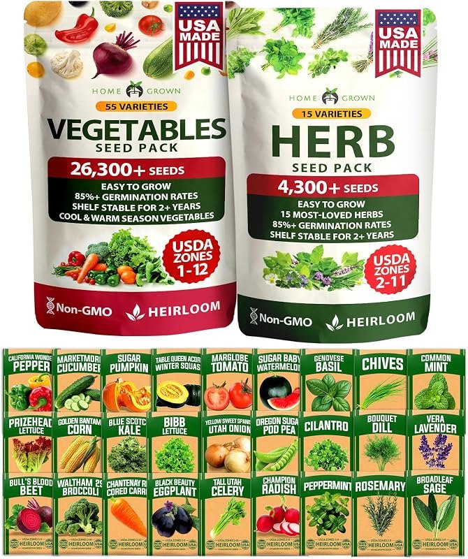 HOME GROWN 70 Variety Vegetable & Herb Seeds 30,600+ USA Non-GMO Heirloom Survival Seeds Garden Kit for Spring, Fall